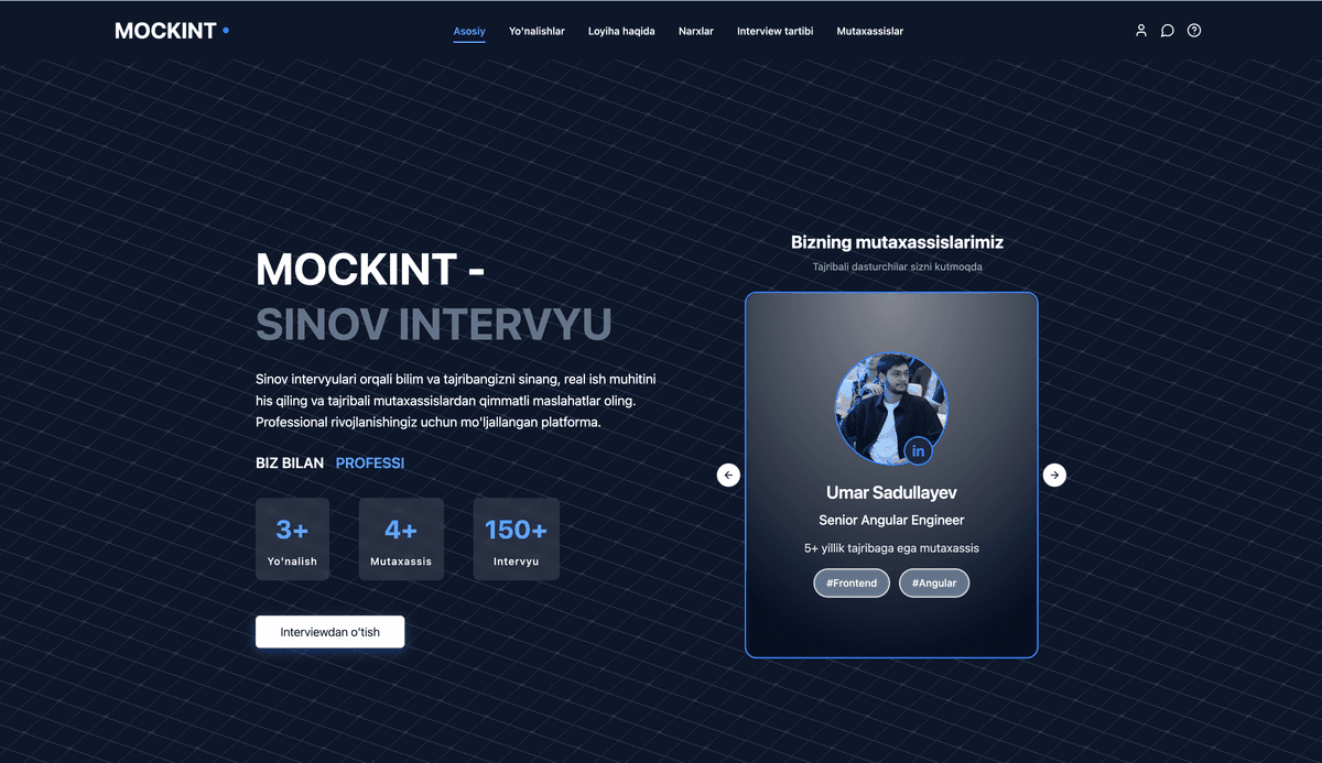 Mockint.uz application interface showing interview & assessment platform features